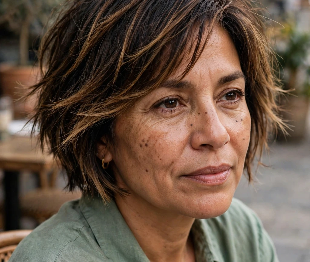 Latina woman in her late forties with a dark brown choppy bob with caramel tips on a cafe patio