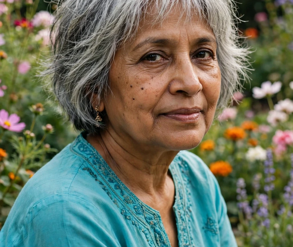 South Asian woman in her early sixties with a silver-white choppy bob among garden flowers