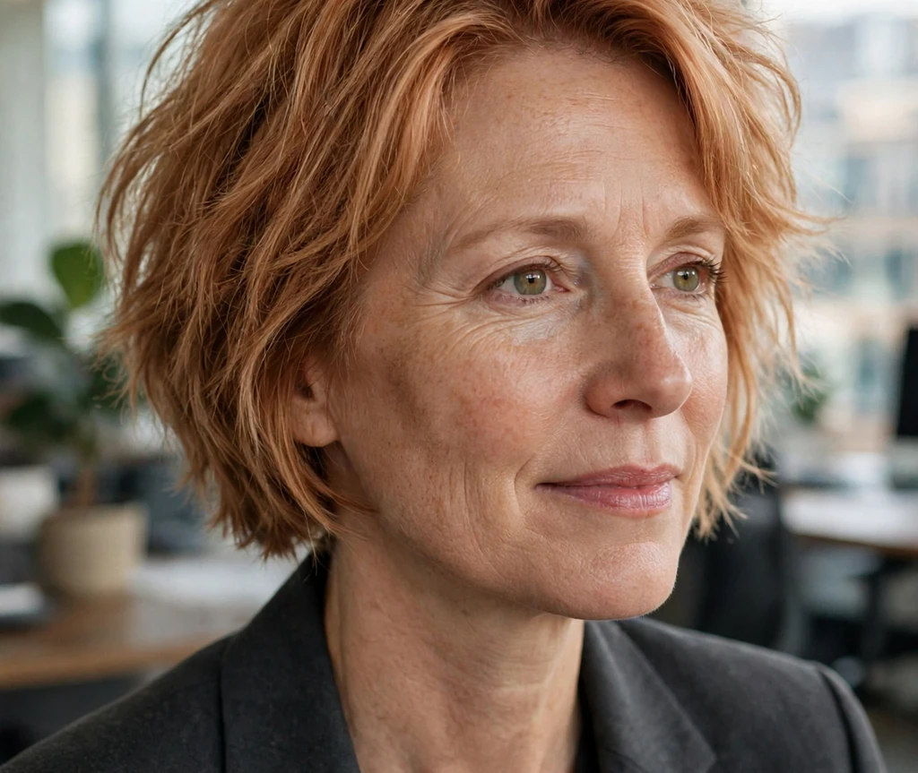 Woman in her mid-forties with a strawberry-blonde choppy bob in an office with large windows