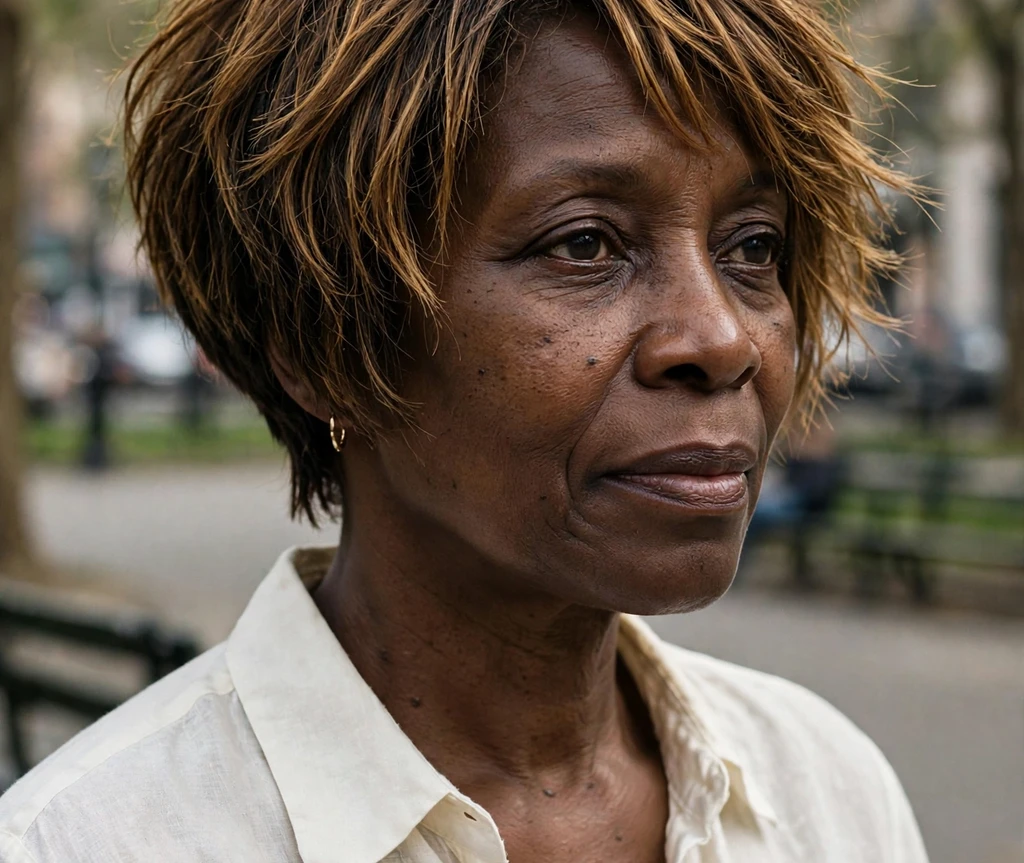 Black woman in her early fifties with a short tapered choppy bob with golden-brown highlights on a city park street