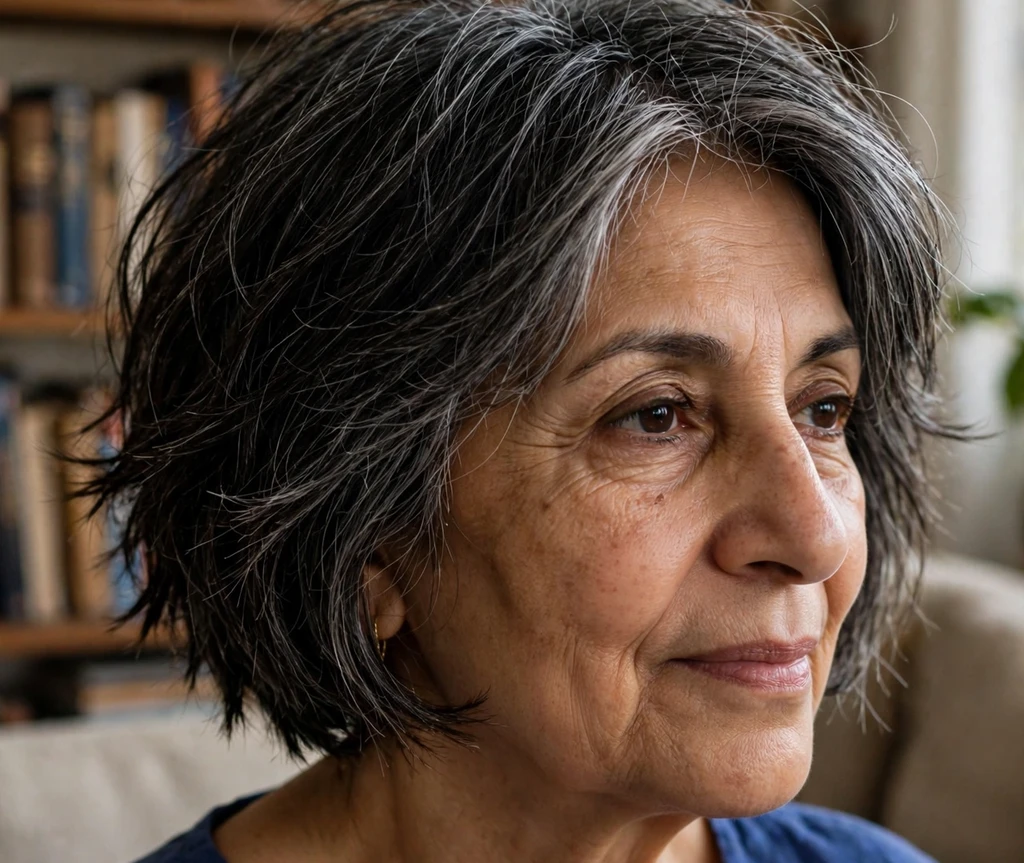 Middle Eastern woman in her early sixties with a silver-streaked choppy bob in a home living room