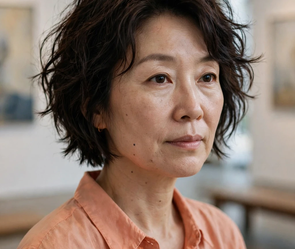 East Asian woman in her late forties with a wavy dark brown choppy bob in an art gallery