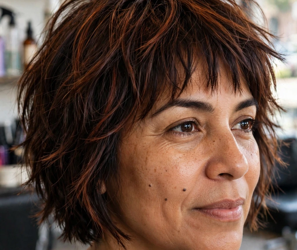 Latina woman in her mid-forties with a chocolate-brown choppy bob with auburn highlights in a hair salon
