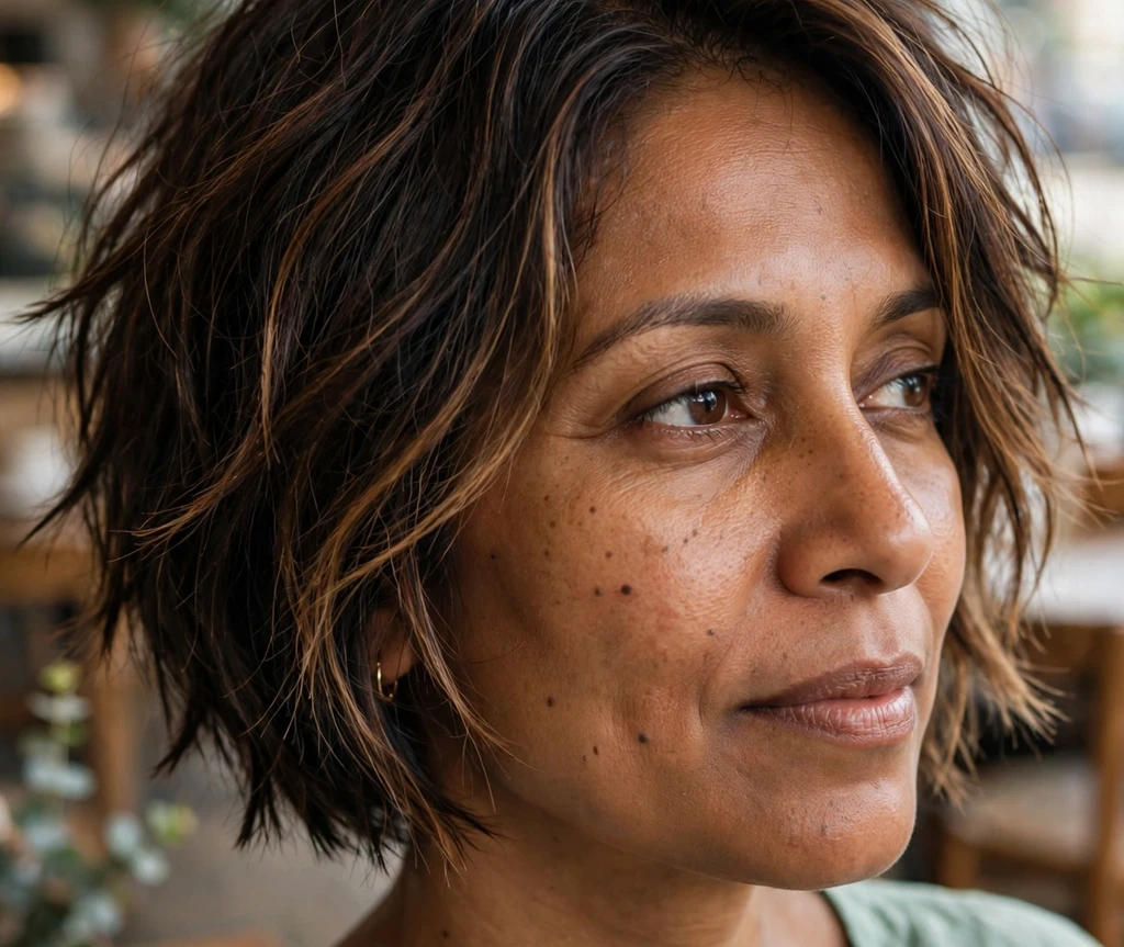 South Asian woman in her mid-forties with a dark choppy bob with caramel face-framing pieces at a cafe
