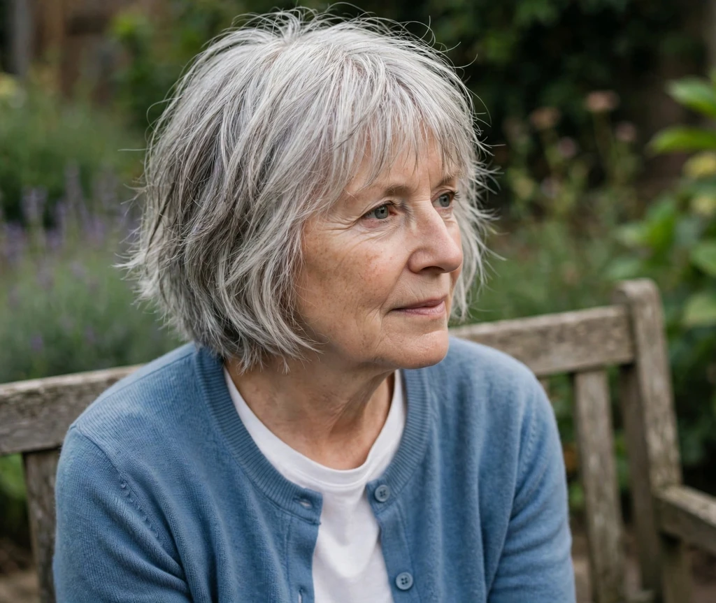 Woman in her early sixties with a silver choppy bob and wispy fringe on a garden bench