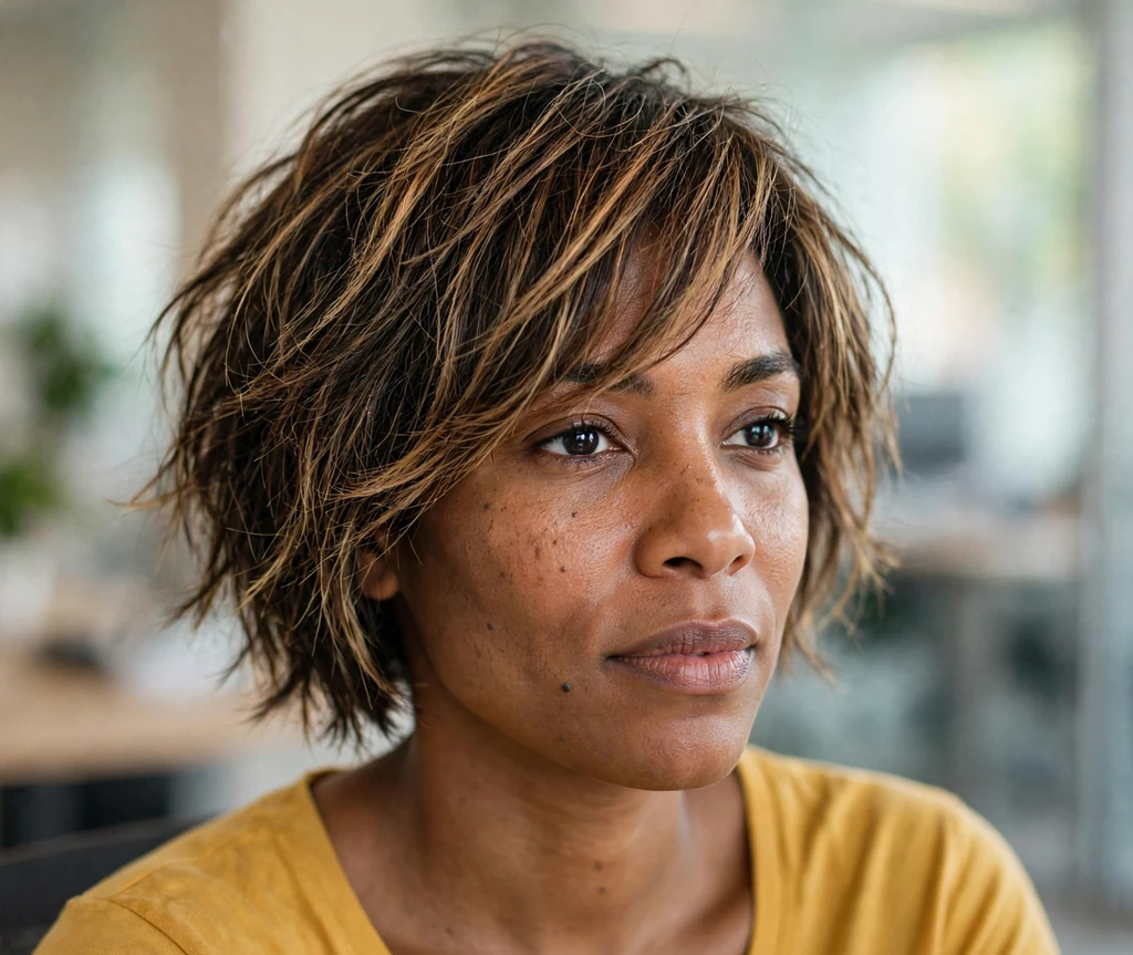 Black woman in her mid-thirties with a choppy bob with honey-blonde highlights in a bright office