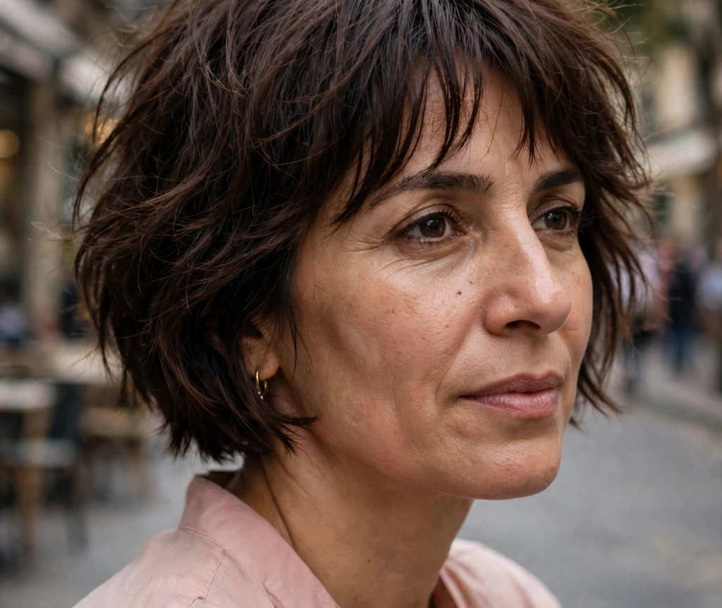 Middle Eastern woman in her mid-forties with a dark chestnut choppy bob and curtain bangs on a city street