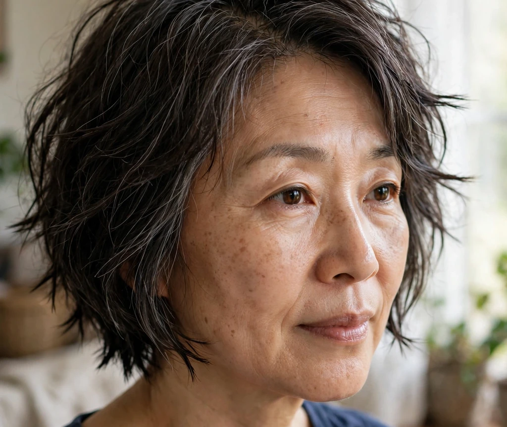 East Asian woman in her early fifties with a dark brown choppy bob with grey streaks at home