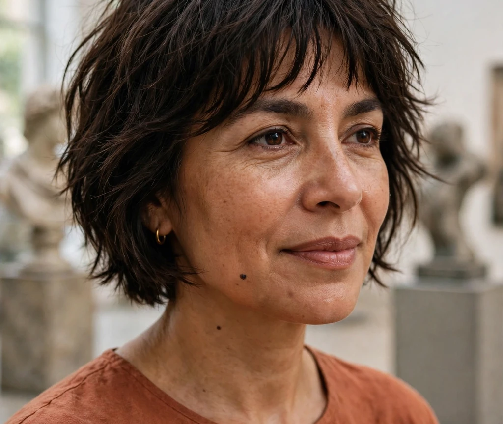 Latina woman in her early forties with a dark brown choppy bob with wispy bangs in an art gallery