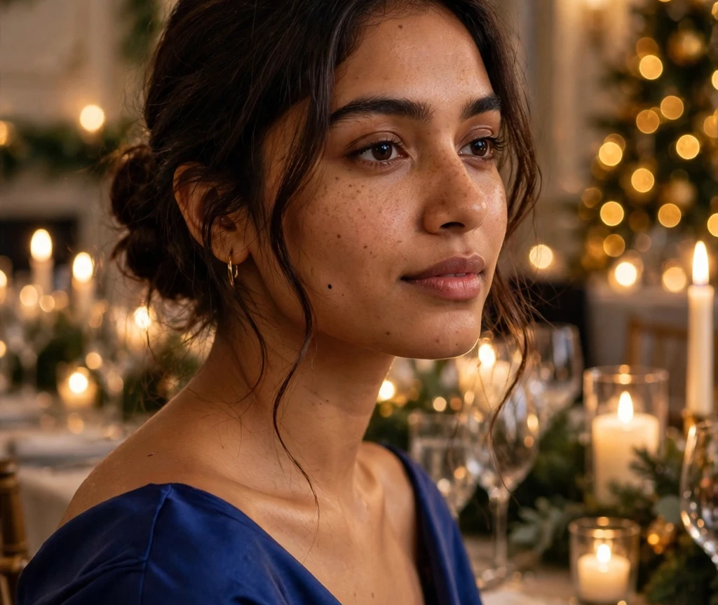 Low knot with face-framing tendrils for Christmas Eve