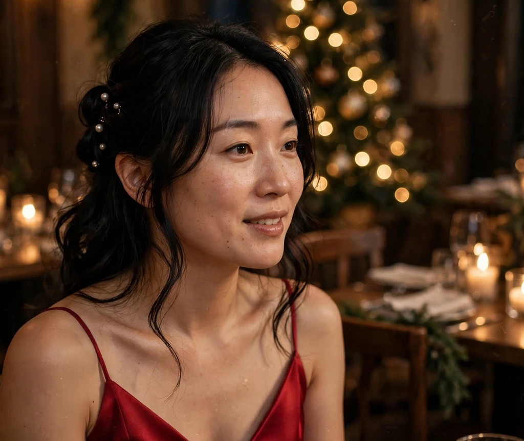 Pearl-adorned half-up waves Christmas Eve hairstyle