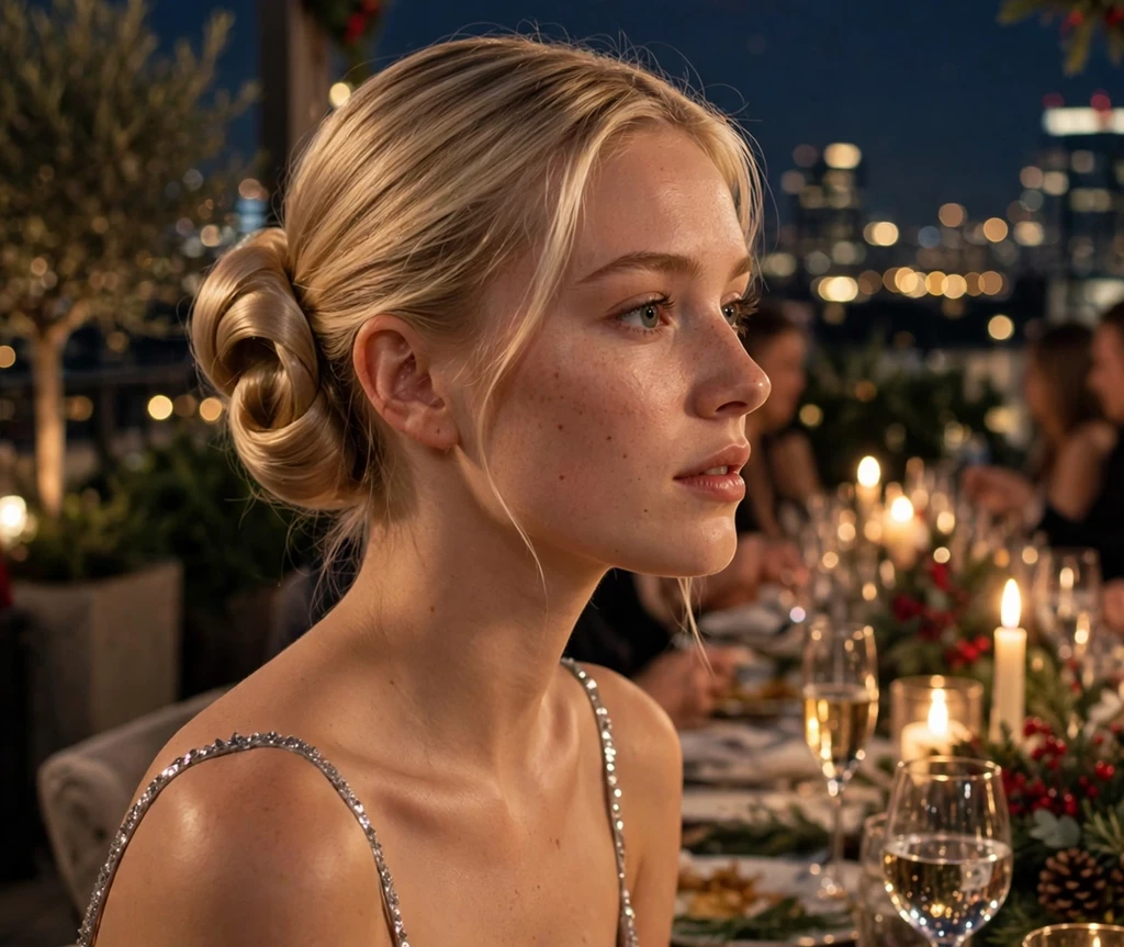 Rolled shine chignon for Christmas Eve