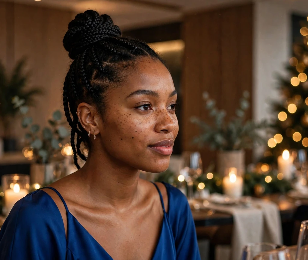 Refined high top knot Christmas Eve hairstyle