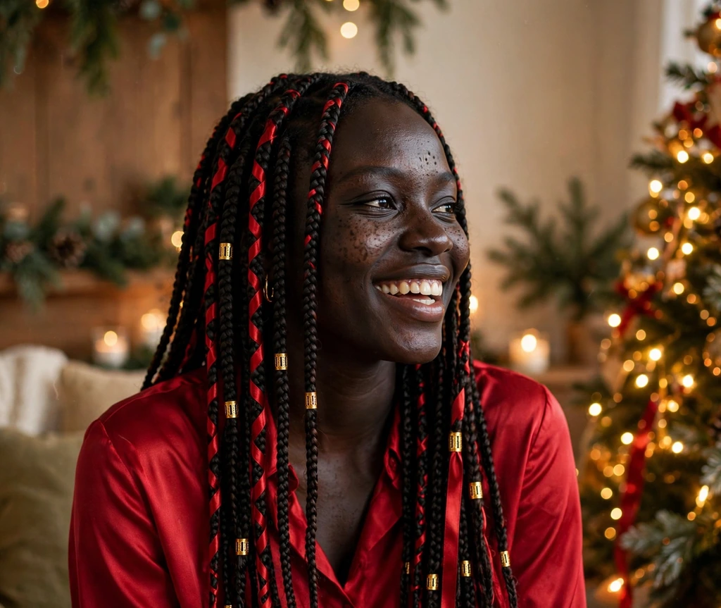 Long box braids woven with red ribbons and gold cuffs for Christmas