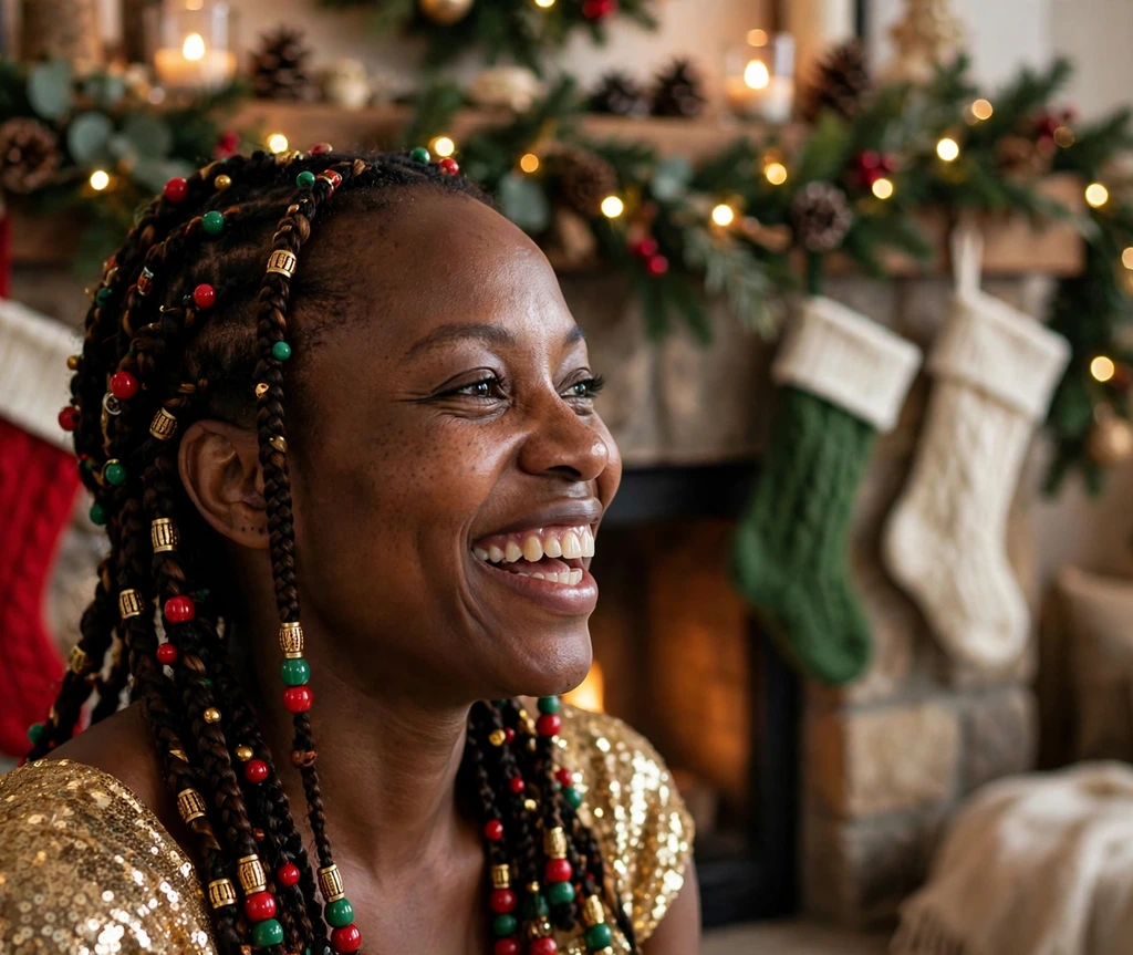 Fulani braids decorated with red green and gold holiday beads