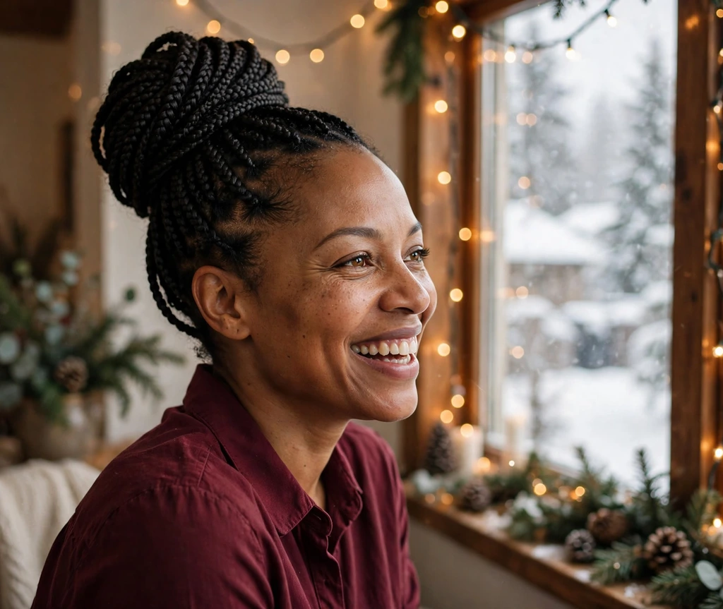 Knotless box braids styled in a glamorous high bun for the holidays