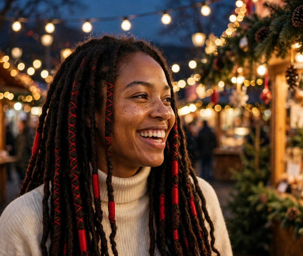 Goddess locs decorated with red wrapped accessories for Christmas