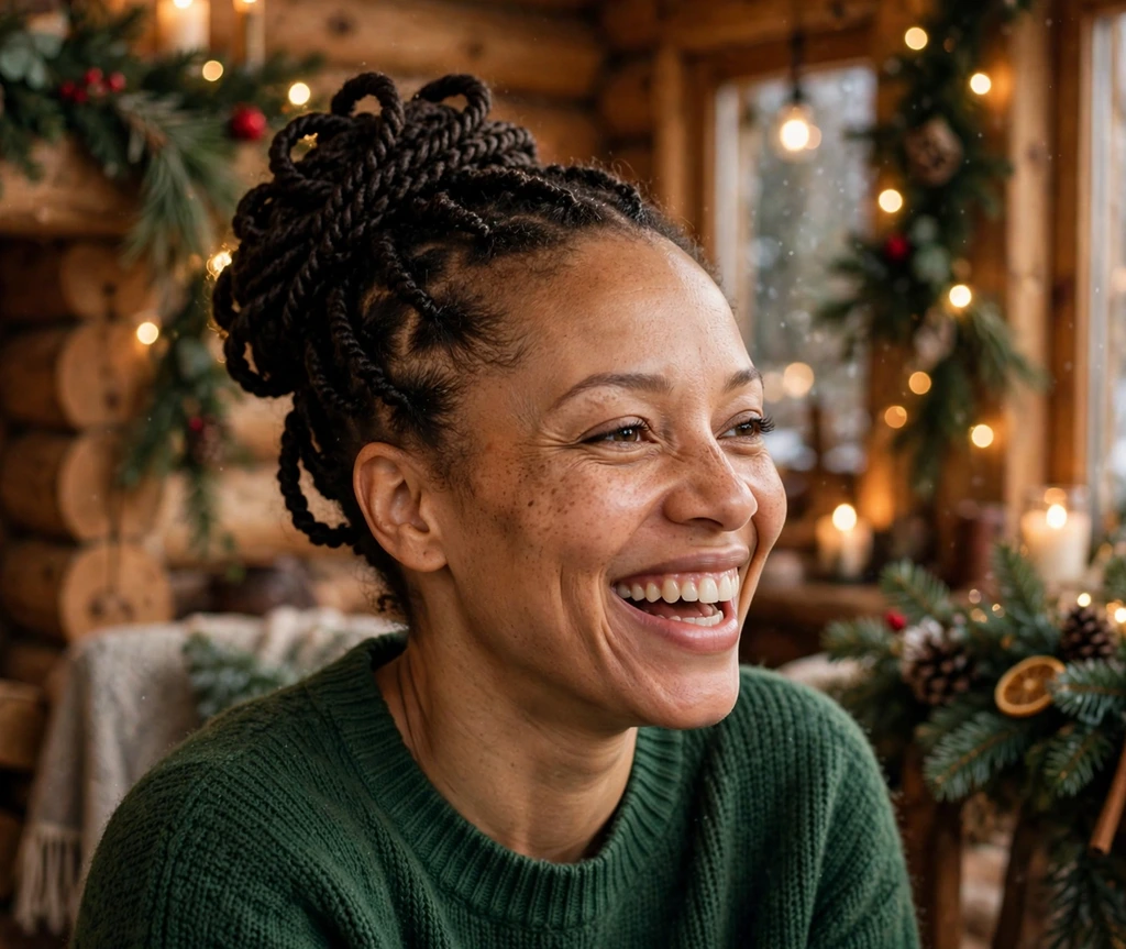 Senegalese twists styled in an elegant updo for Christmas celebrations
