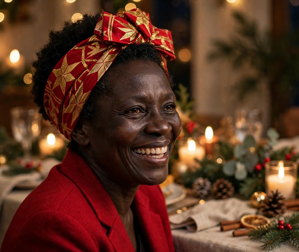 Natural TWA afro styled with a red and gold festive headwrap