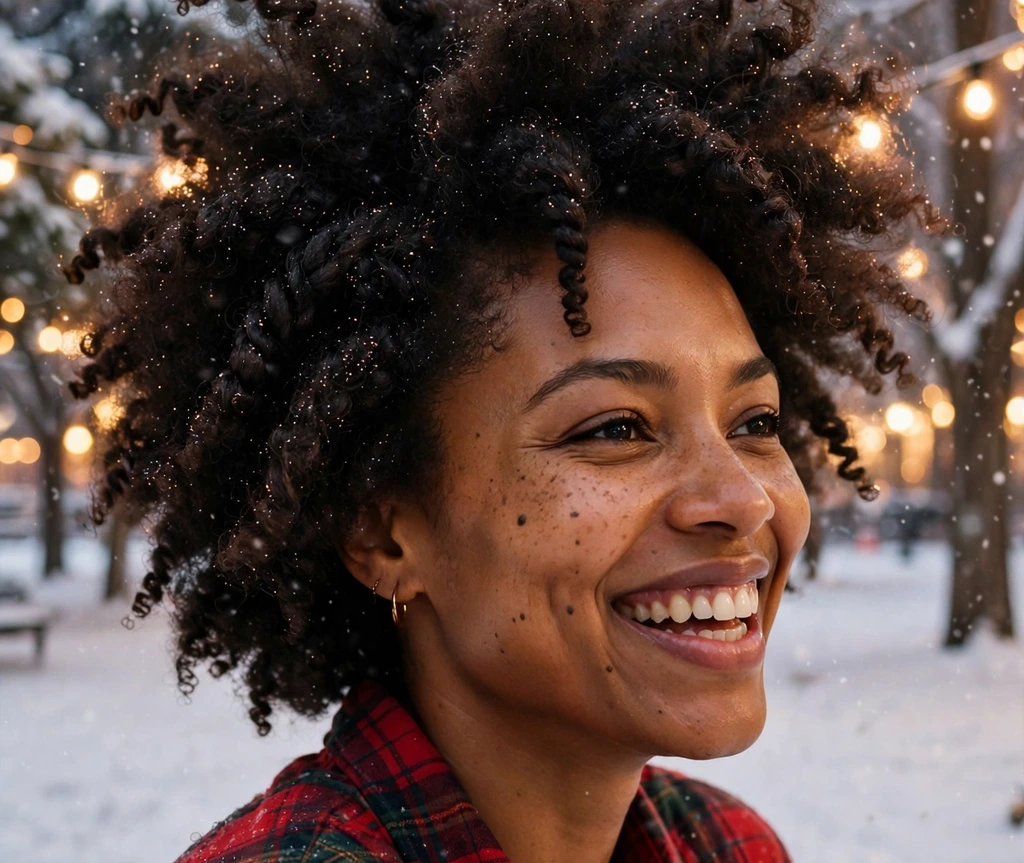 Voluminous natural twist-out with holiday shine in a snowy Christmas setting