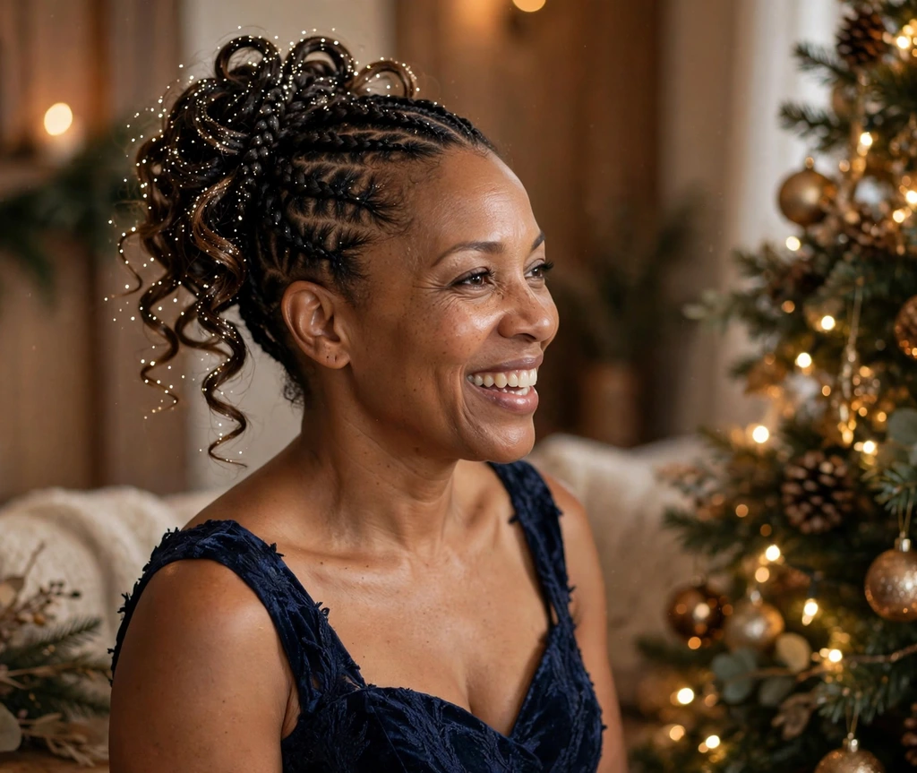 Sparkling cornrow updo with elegantly curled ends for Christmas