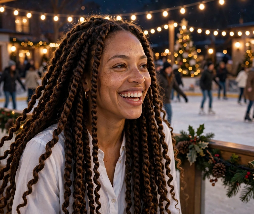 Long flowing passion twists worn for Christmas festivities