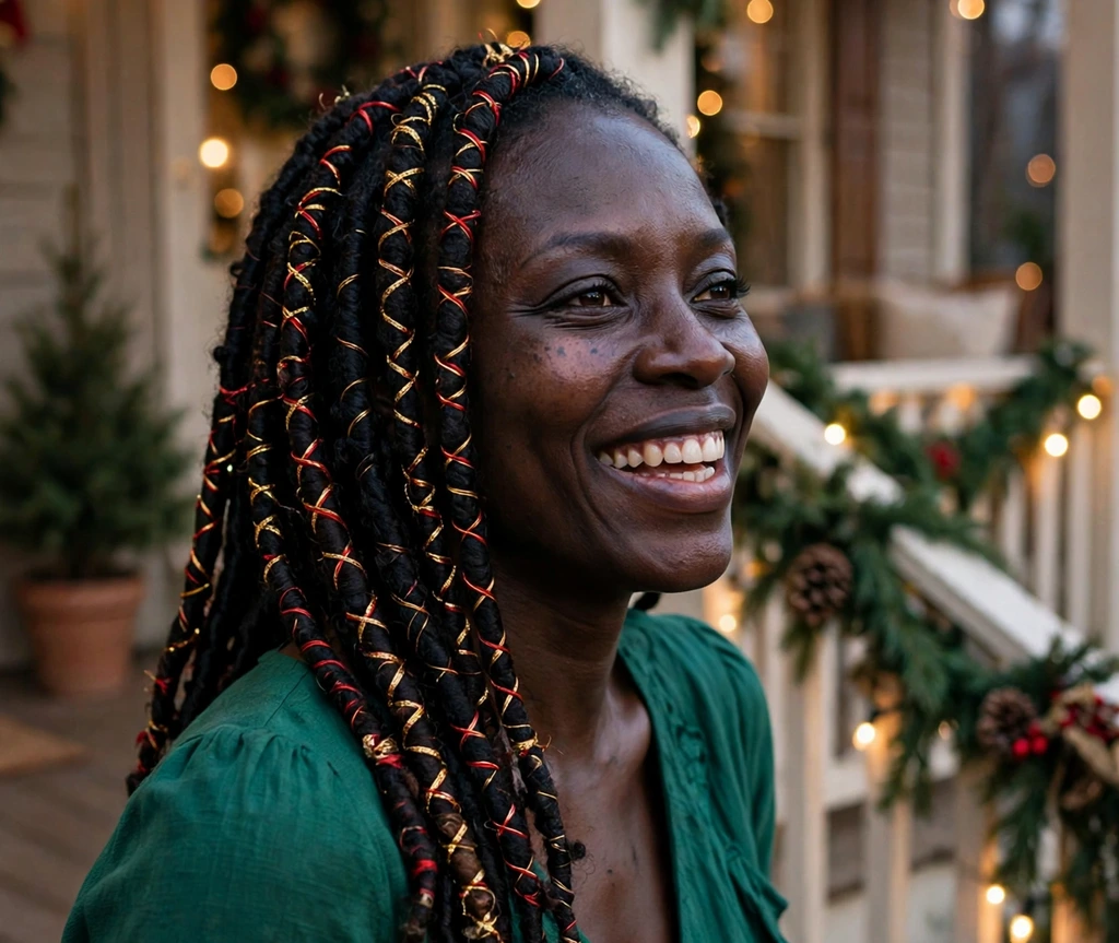 Chic faux locs wrapped with red and gold festive thread