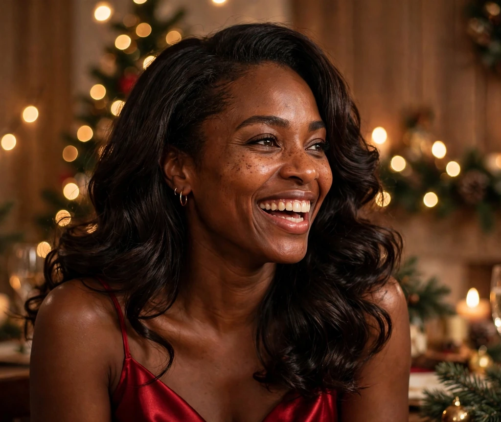 Bouncy silk-press blowout on a Black woman in a red Christmas dress