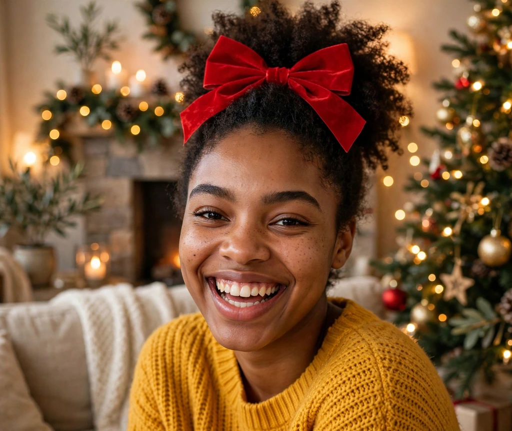 High natural puff with a big red bow for Christmas