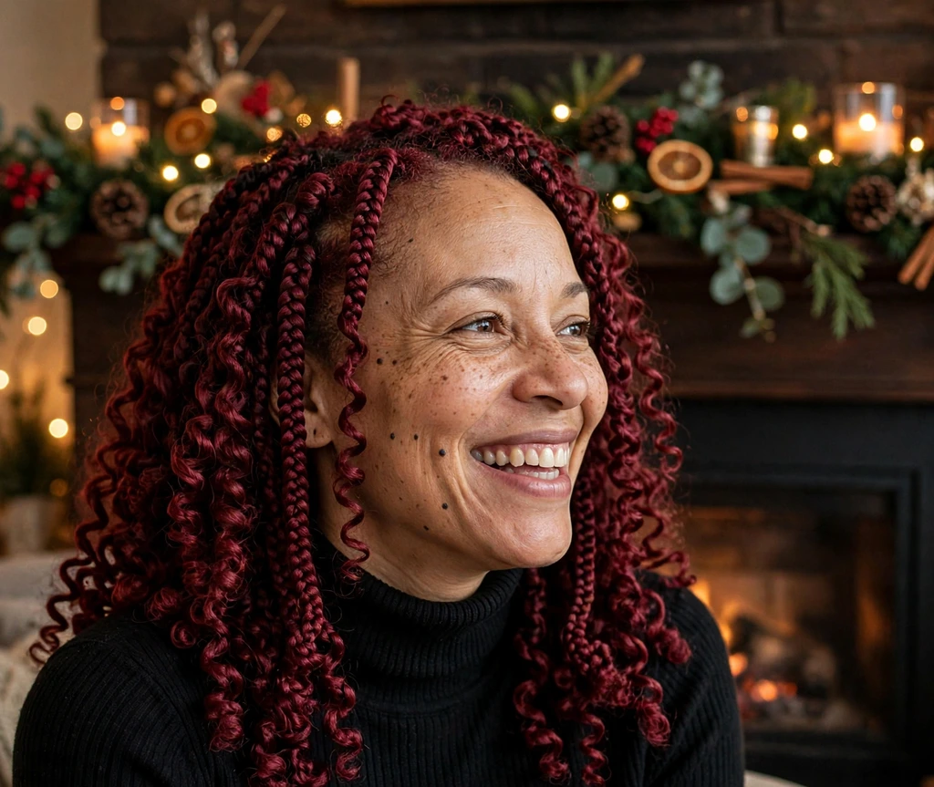 Curly crochet braids in rich burgundy color for Christmas