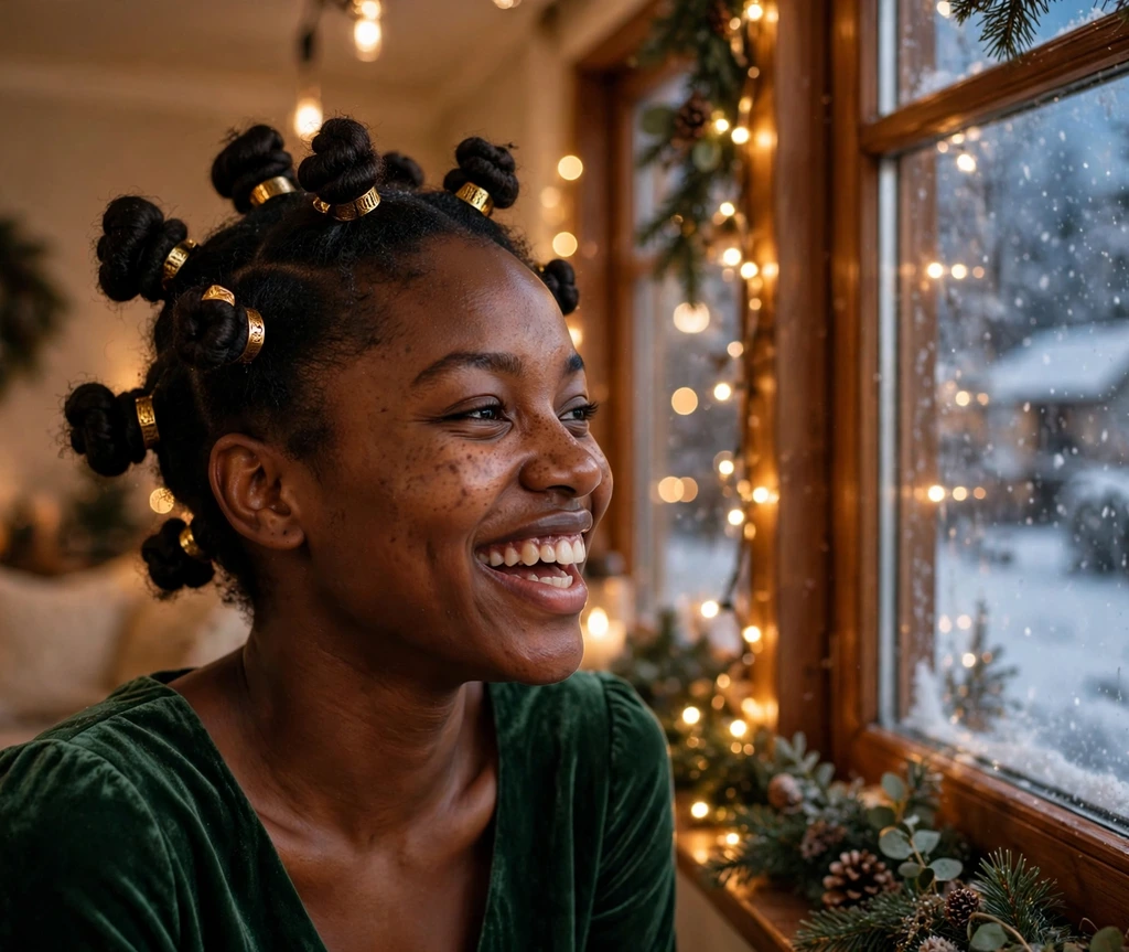 Festive bantu knots decorated with gold cuffs for Christmas