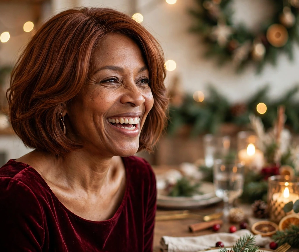 Elegant layered auburn bob wig worn at a Christmas dinner