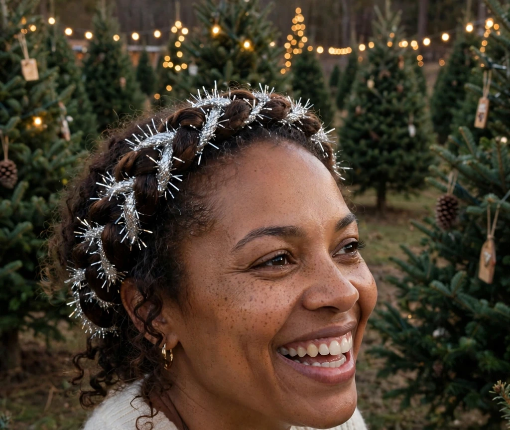 French braid crown threaded with sparkling tinsel at a Christmas tree farm
