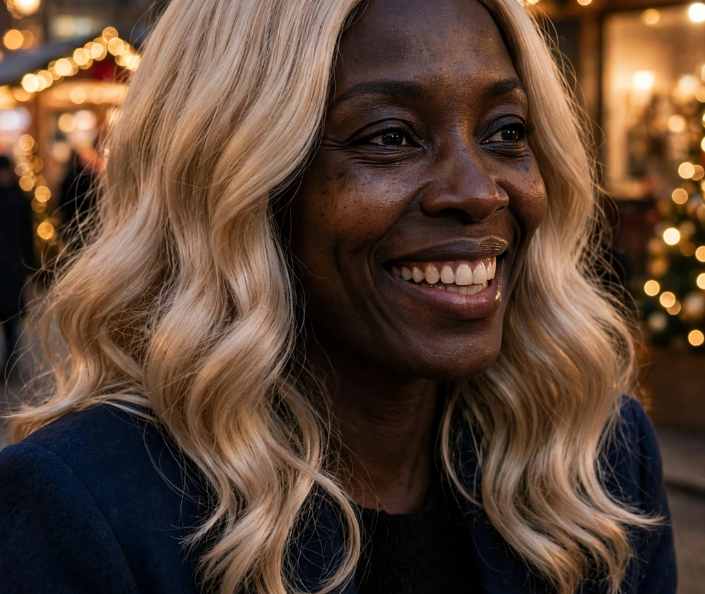Middle-part wig with champagne waves glowing under holiday lights
