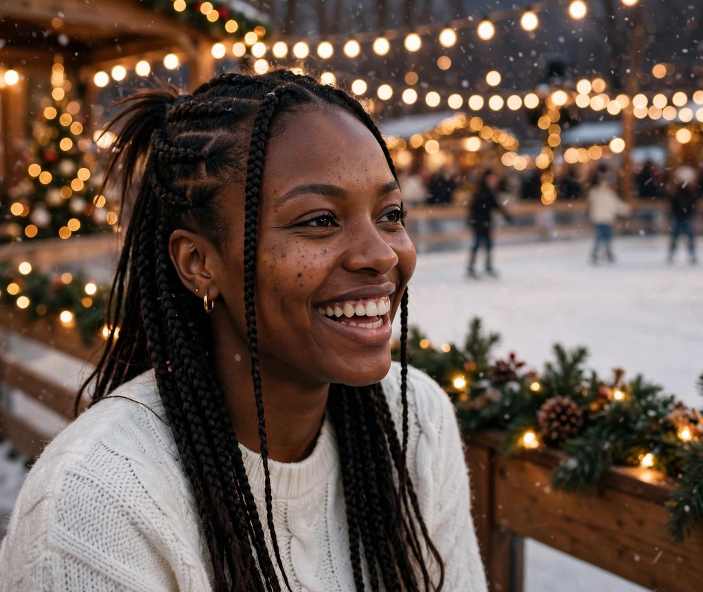Half-up half-down stitch braids styled for the Christmas season