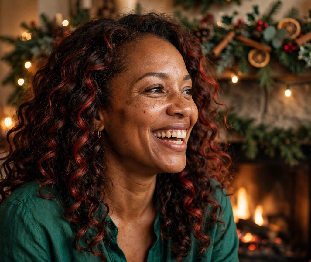 Romantic loose curls with festive red highlights by a Christmas fireplace
