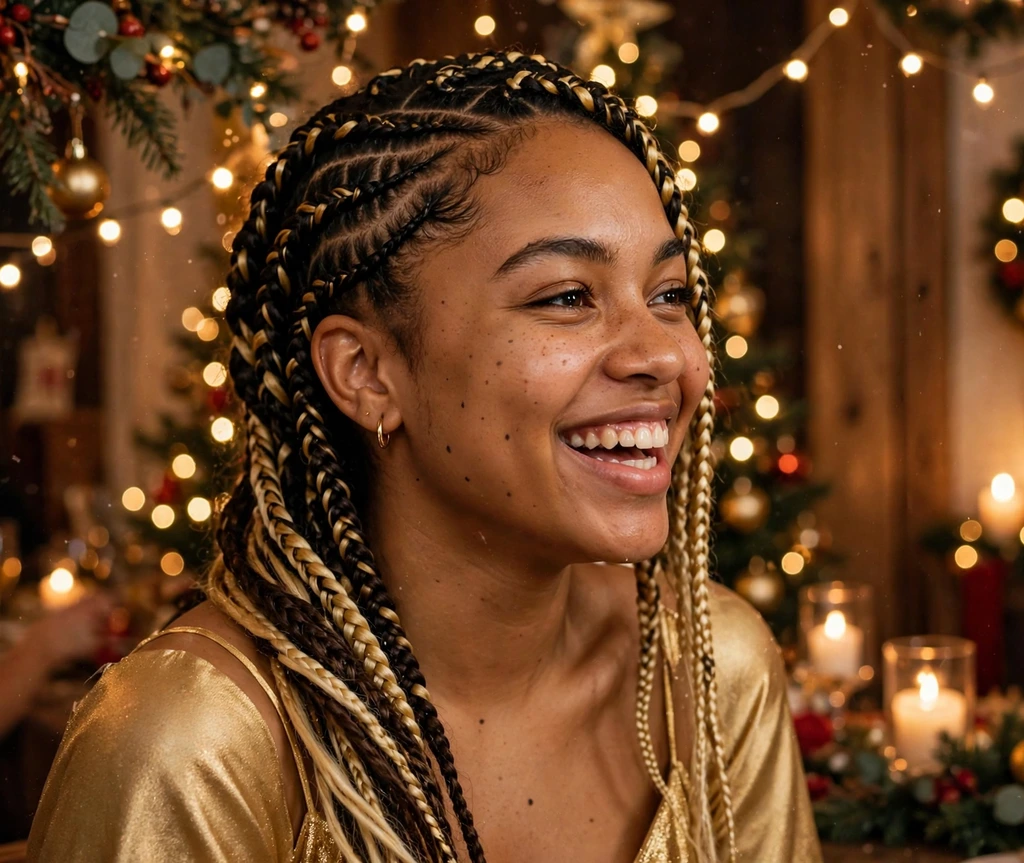 Dazzling lemonade braids swept to one side for Christmas parties