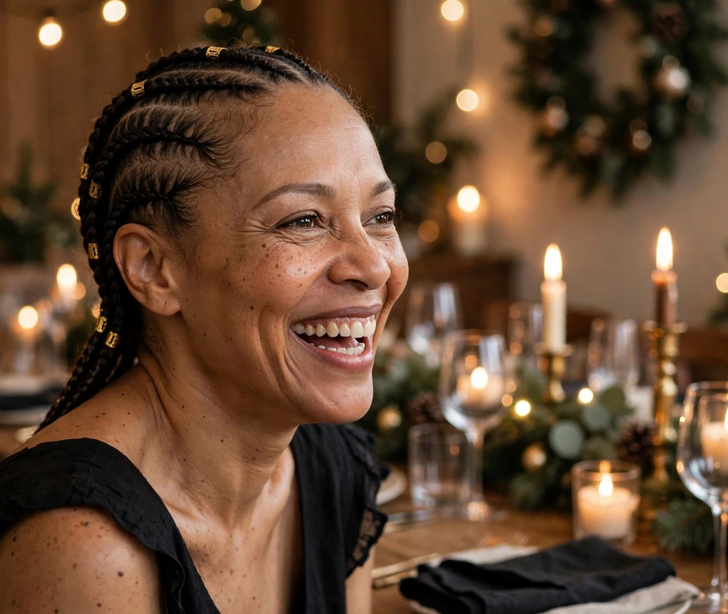 Classic straight-back cornrows decorated with gold beads for Christmas