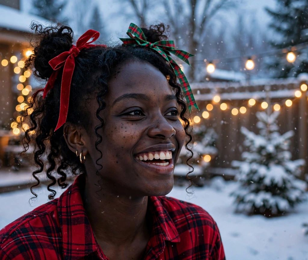Playful space buns with festive red and green ribbons in the snow