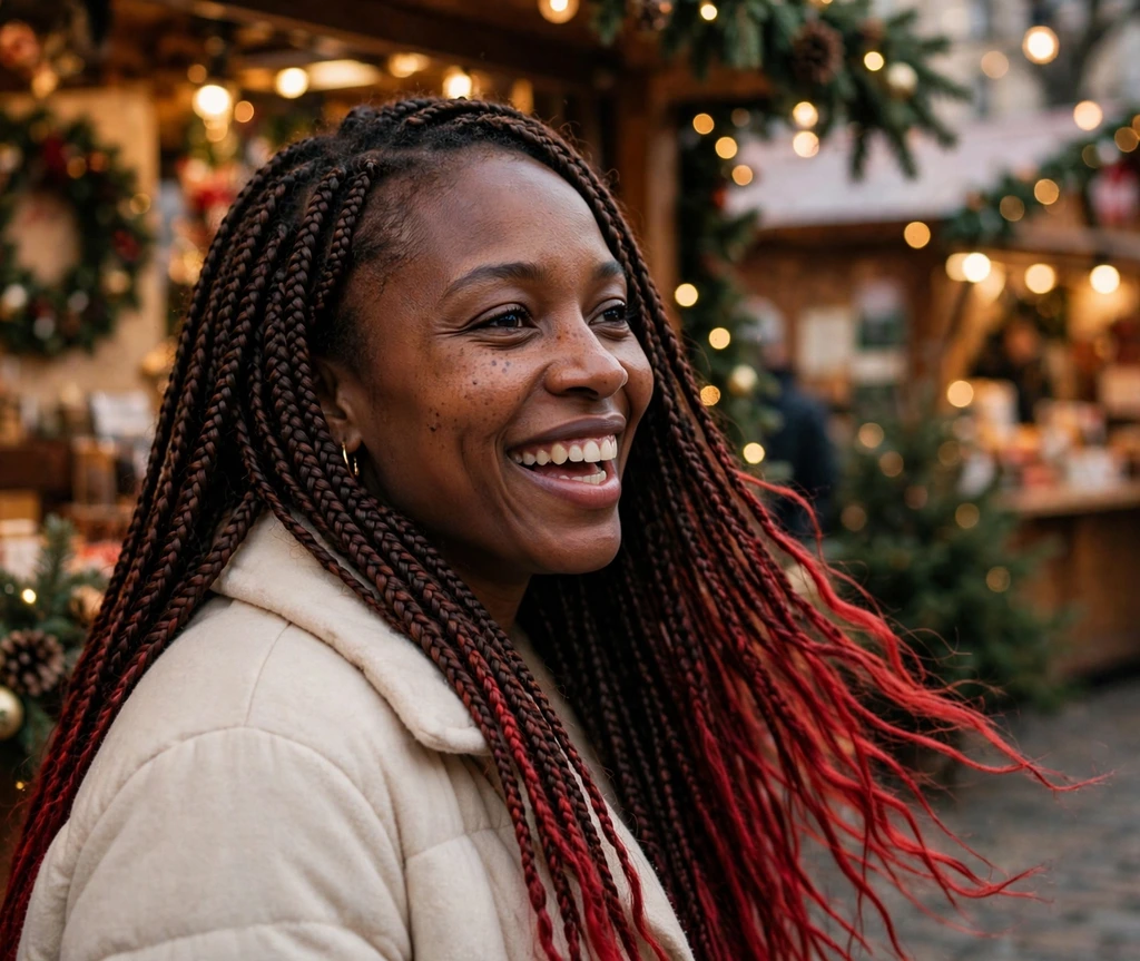 Long flowing box braids with festive red tips at a Christmas market