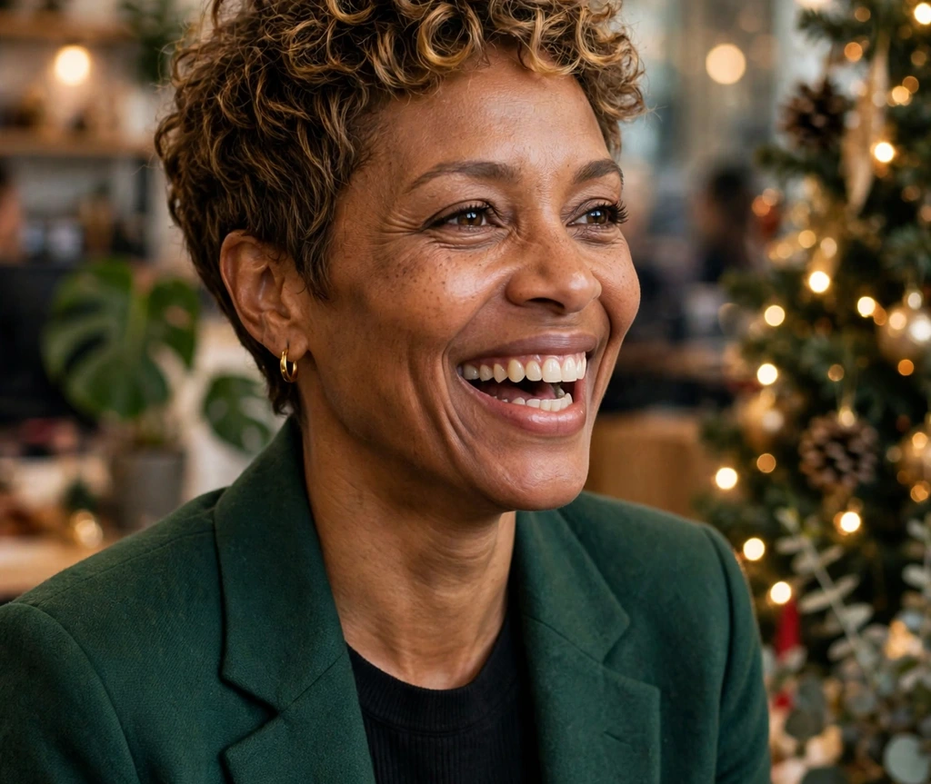 Sassy curly pixie with golden undertones at a holiday party