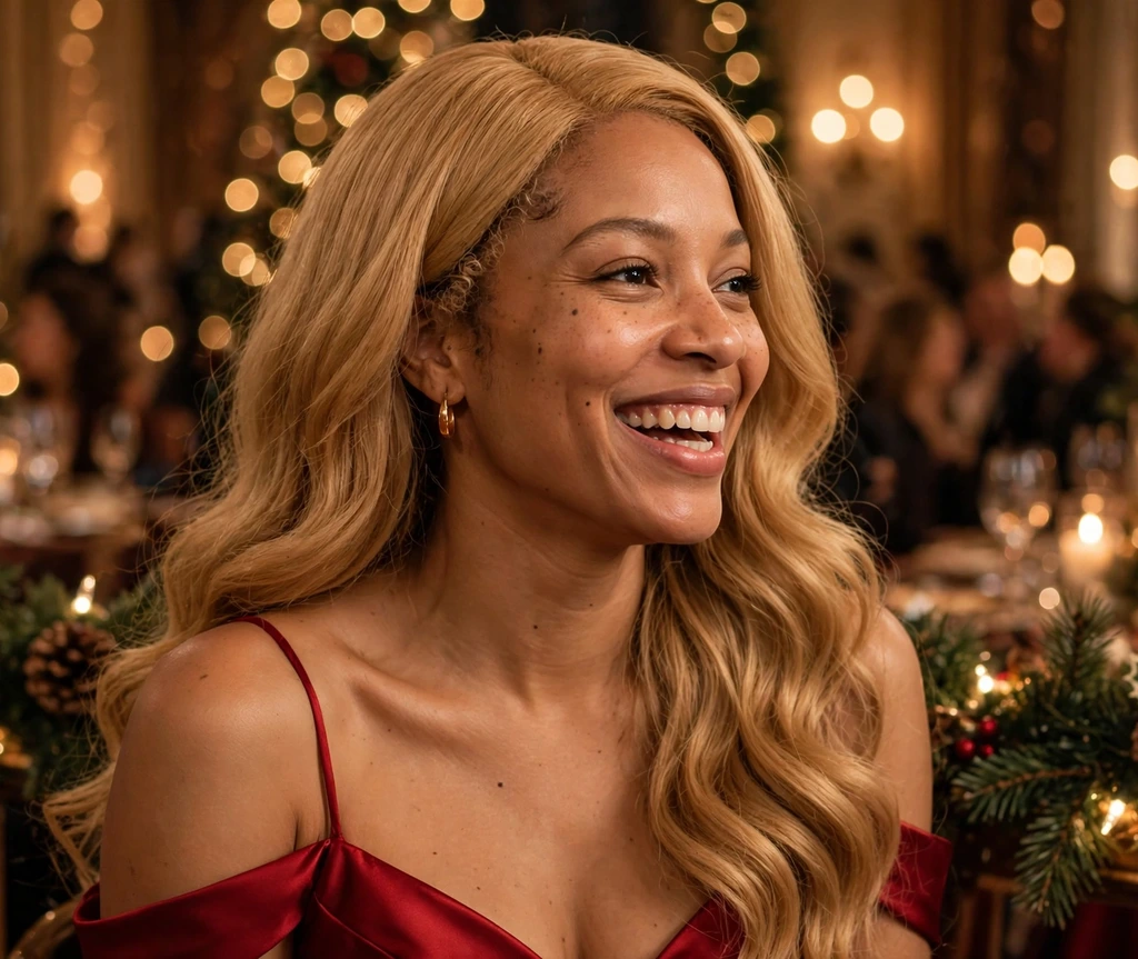 Warm honey-blonde wig worn with a red gown at a Christmas gala