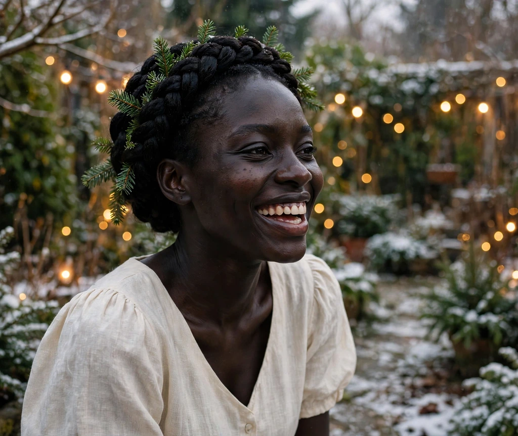 Braided crown with fresh evergreen sprigs in a winter garden