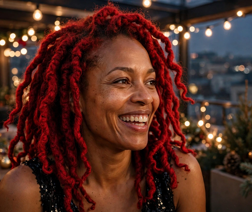 Bold popping red locs worn at a holiday rooftop party