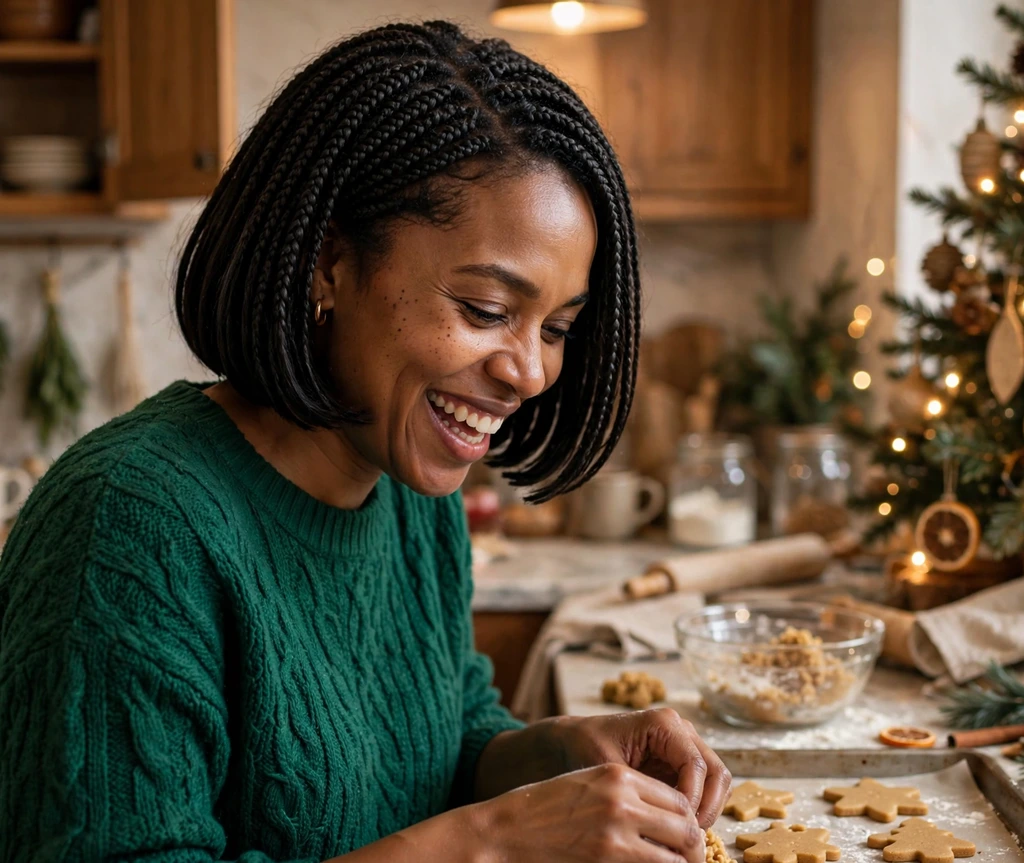 Classic bob braids with holiday shine while baking Christmas cookies
