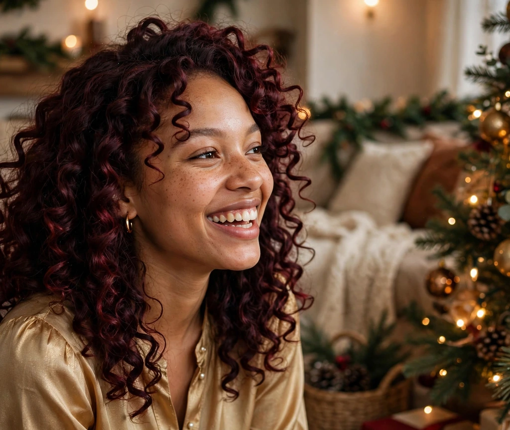 Dreamy flexi-rod curls in deep burgundy beside a Christmas tree