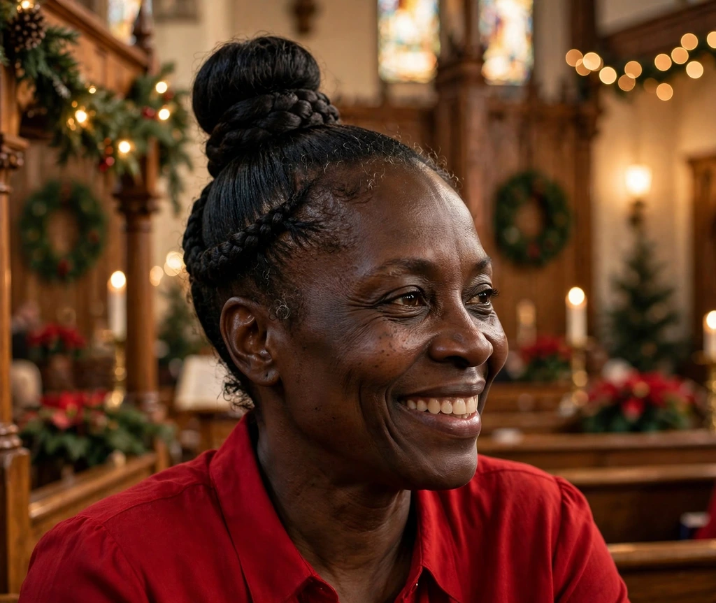Sleek top knot with a wrapped braid base at a Christmas service