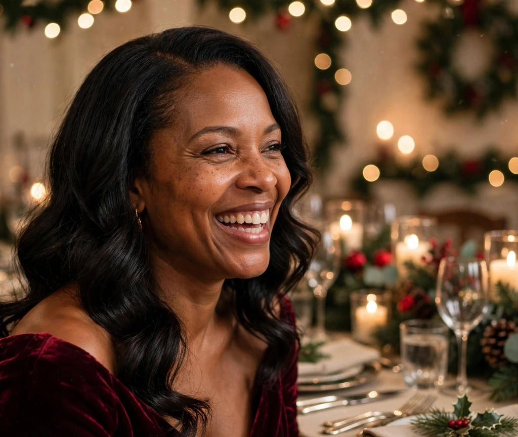 Glamorous side-part sew-in with waves at a formal Christmas dinner