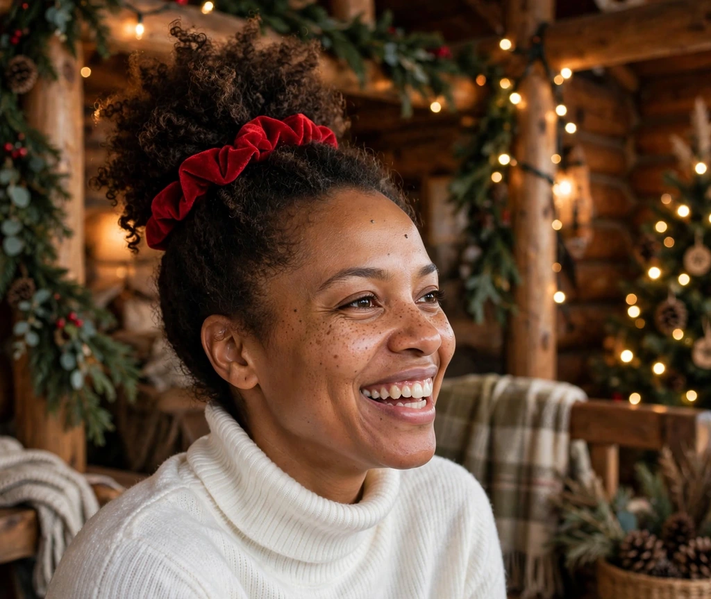 Cute pineapple updo with a festive red scrunchie in a cozy cabin