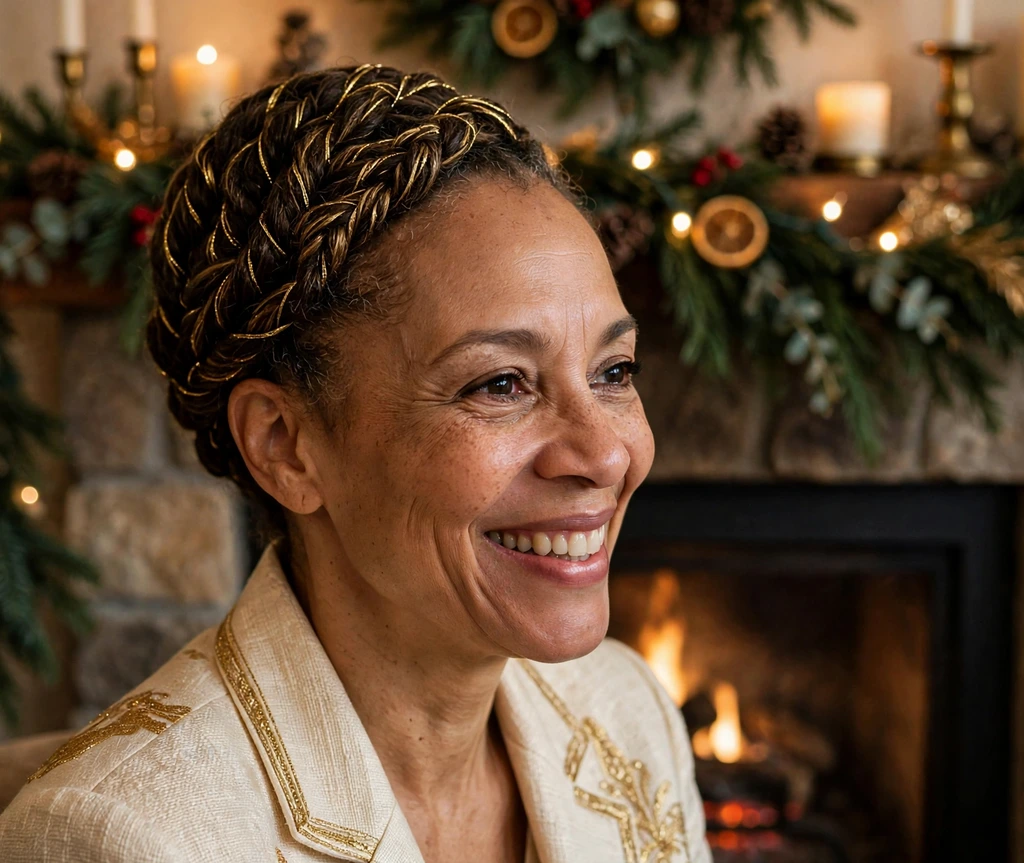 Royal flat-twist updo woven with gold thread by a Christmas fireplace